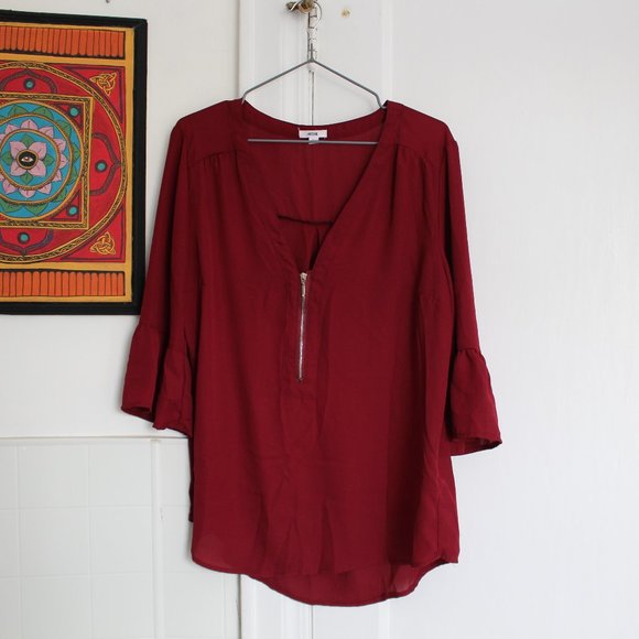 3/$20 Burgundy Blouse With Flared Sleeves & Zipper - Picture 1 of 9